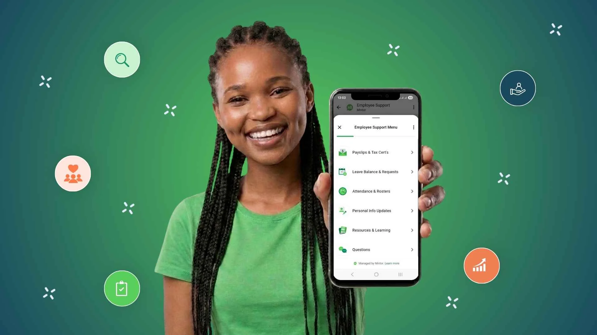 A smiling young woman in a green t-shirt holding a smartphone towards the camera against a green and teal background. The phone screen displays an employee support menu with options for payslips, leave balances, attendance, personal info updates, and learning resources.