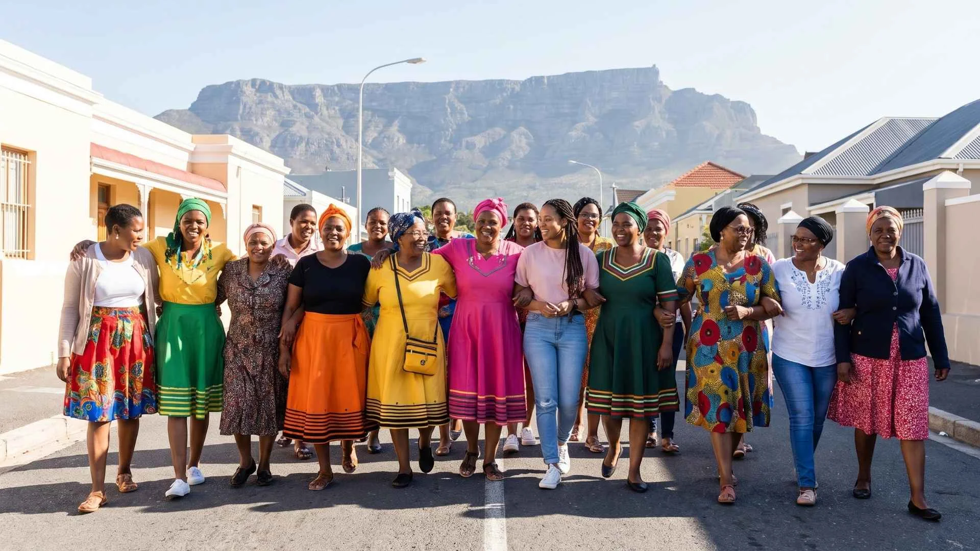 Group of smiling South African women walking together arm-in-arm along a residential street with Table Mountain in the background.