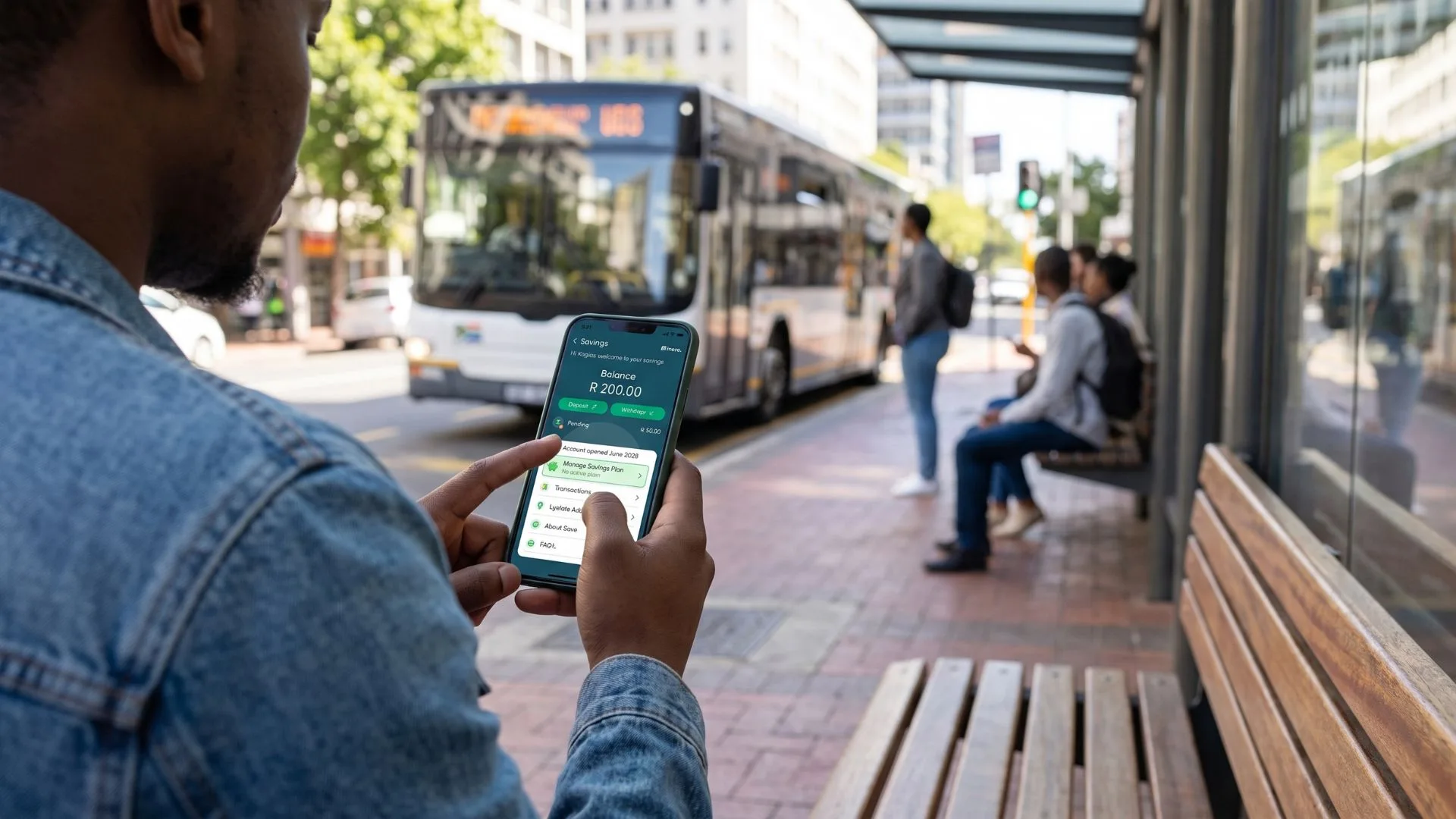 A South African commuter using the Paymenow app on a smartphone to check their R200 savings balance at a bus stop.