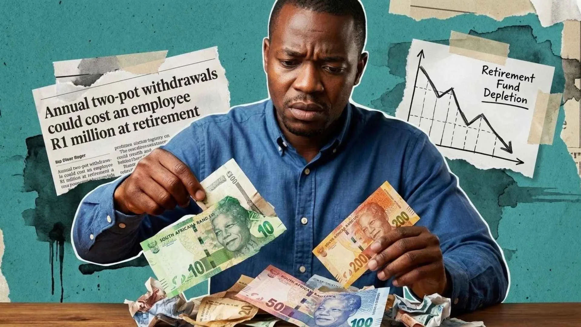 A concerned man holding South African Rand banknotes. The background features a torn newspaper headline reading "Annual two-pot withdrawals could cost an employee R1 million at retirement" alongside a downward trending graph labelled "Retirement Fund Depletion".